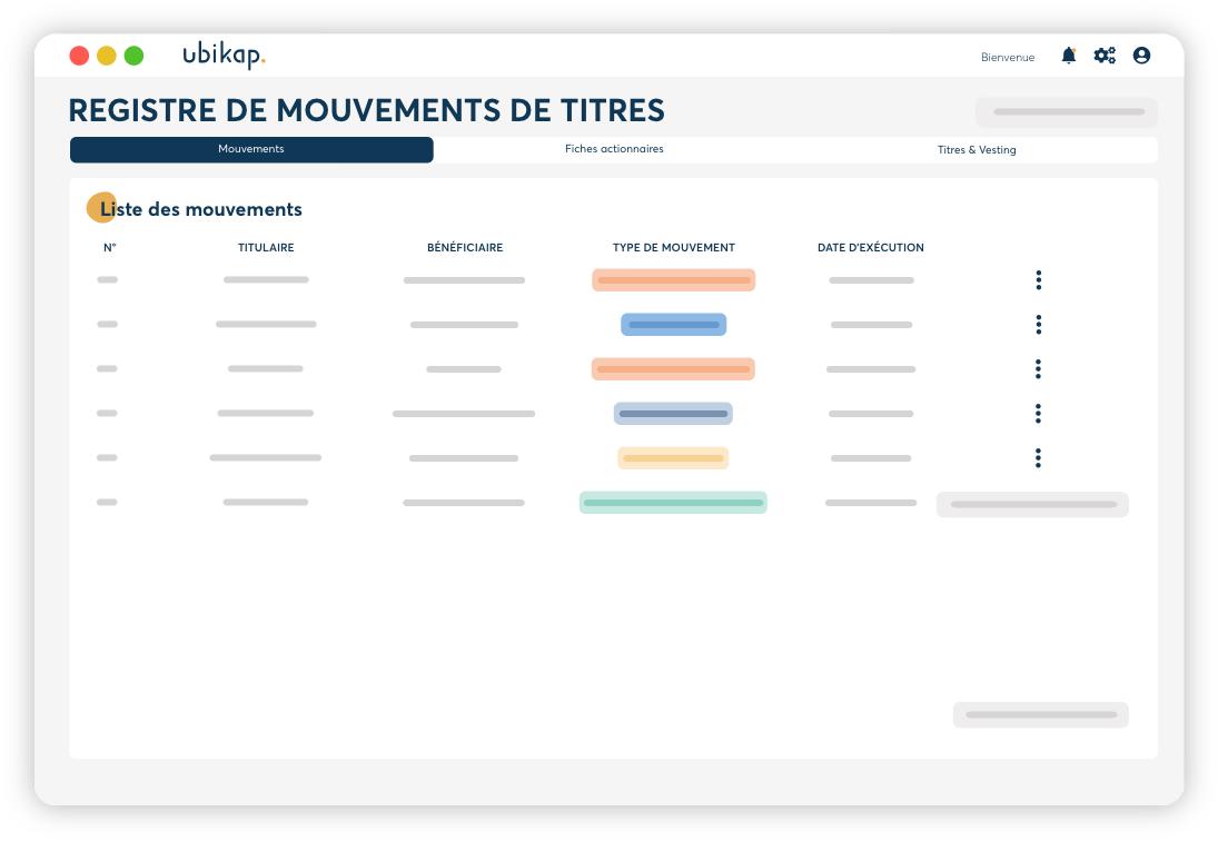 visuel de la plateforme Ubikap, espace registre de mouvements de titres