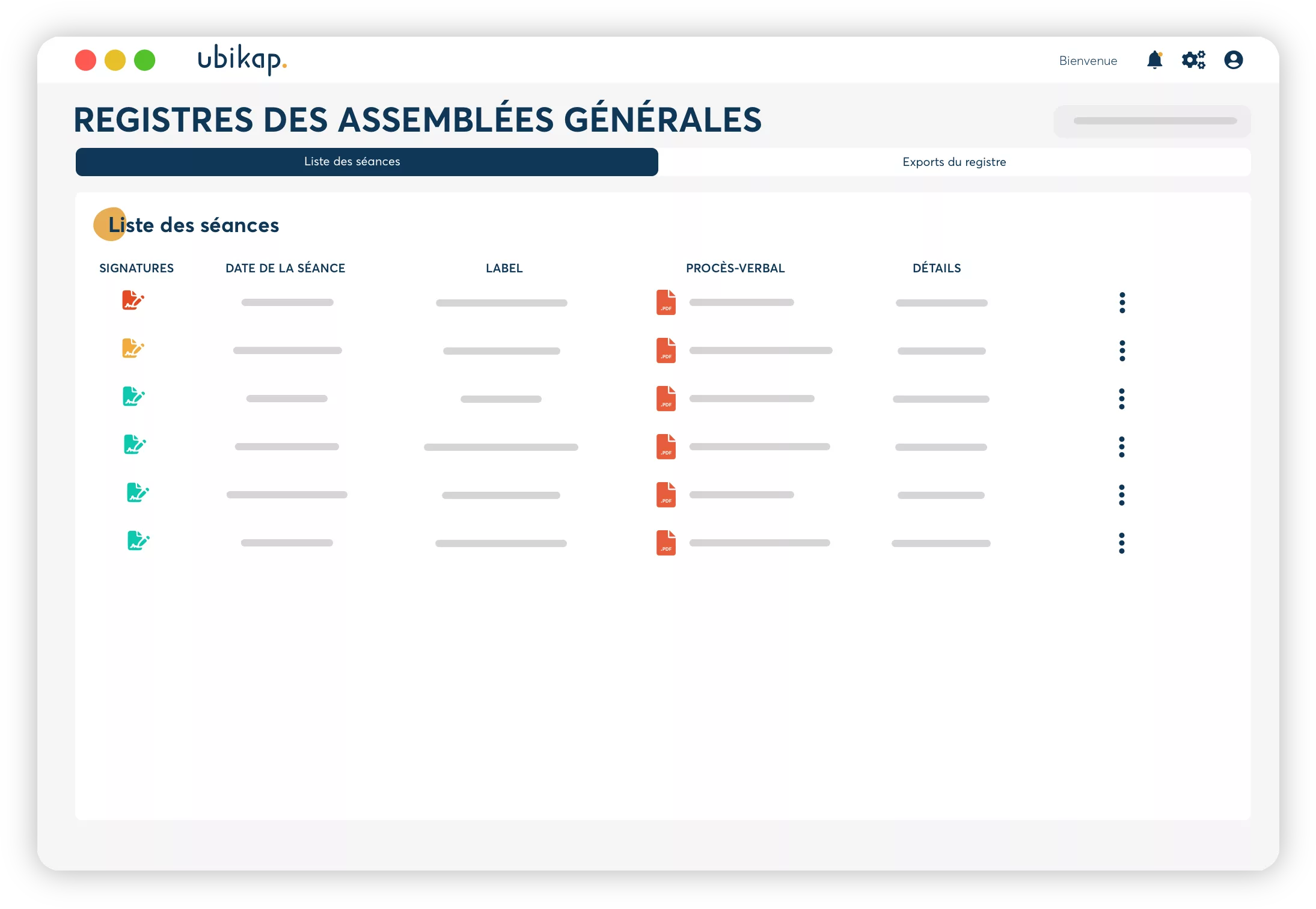 capture d'écran de l'interface Ubikap avec le tableau de bord des registres des assemblées générales