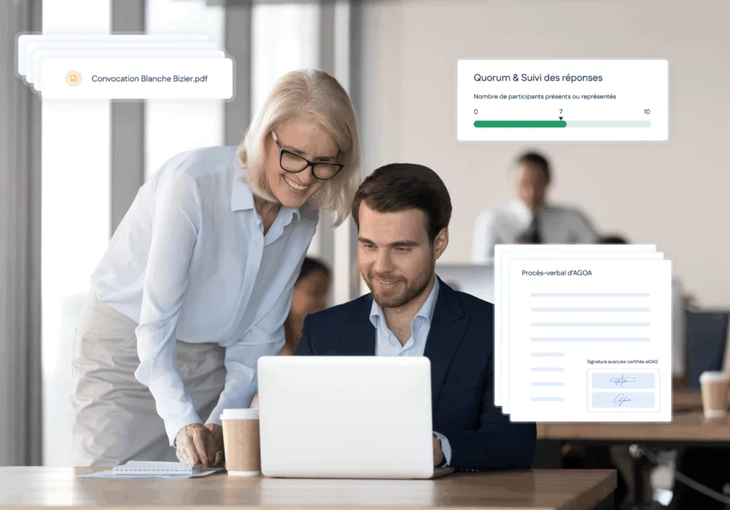 photos homme juriste assis devant un ordinateur portable avec collaboratrice avocate debut à côté à gauche qui regarde l'écran. Des illustrations des nouvelles fonctionnalités sont tout autour d'eux